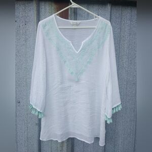 Krazy Kat White Top with Blue Accents Sheer Tassels Beach Top Large